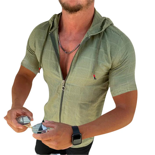 Summer men's casual beach fashion short-sleeved one-piece hat zipper trend top, plaid flower style sunscreen slim-fit shirt